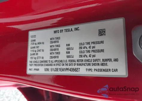 2023 Tesla Model 3 Rear-Wheel Drive z USA, uszkodzony, nr VIN 5YJ3E1EA1PF435627